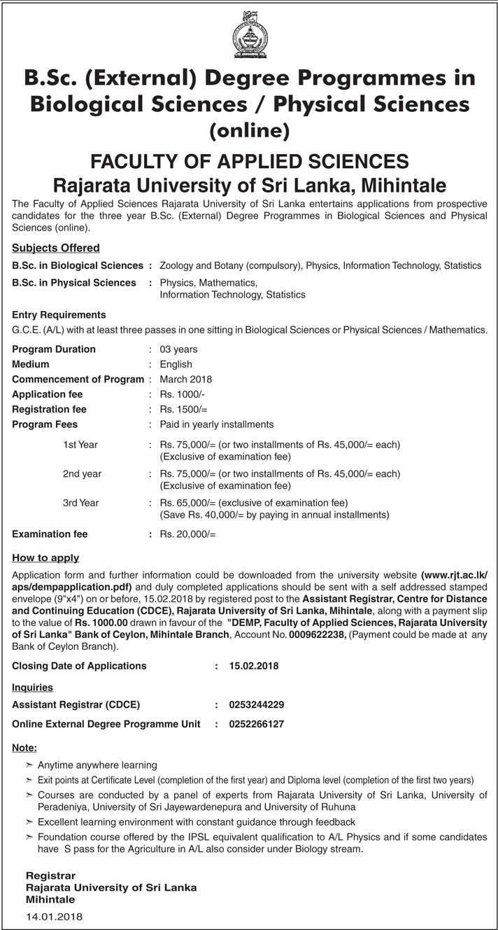 B.Sc. (External) Degree Programmes in Biological Sciences / Physical Sciences (online) - Faculty of Applied Sciences - Rajarata University of Sri Lanka